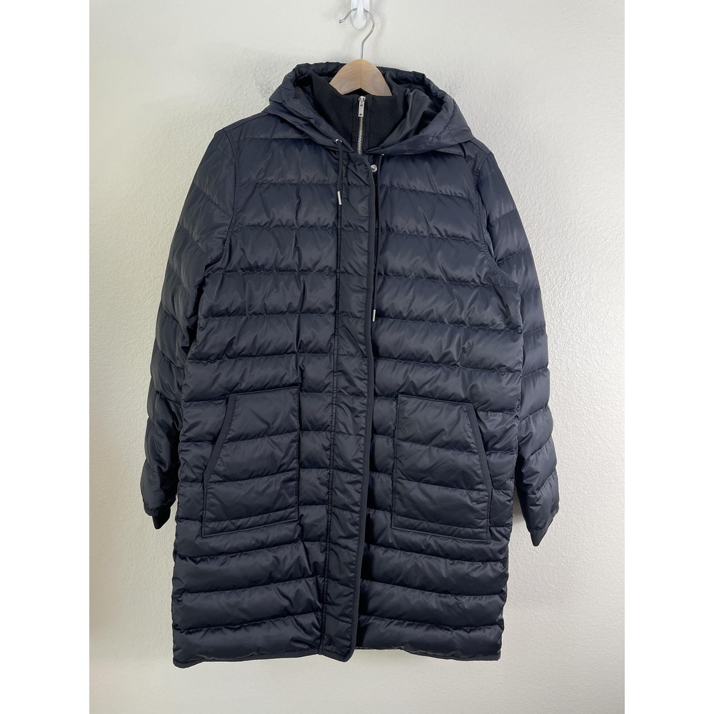 Theory Coat Womens Large Blue Quilted Down Hooded Long Winter Puffer Jacket